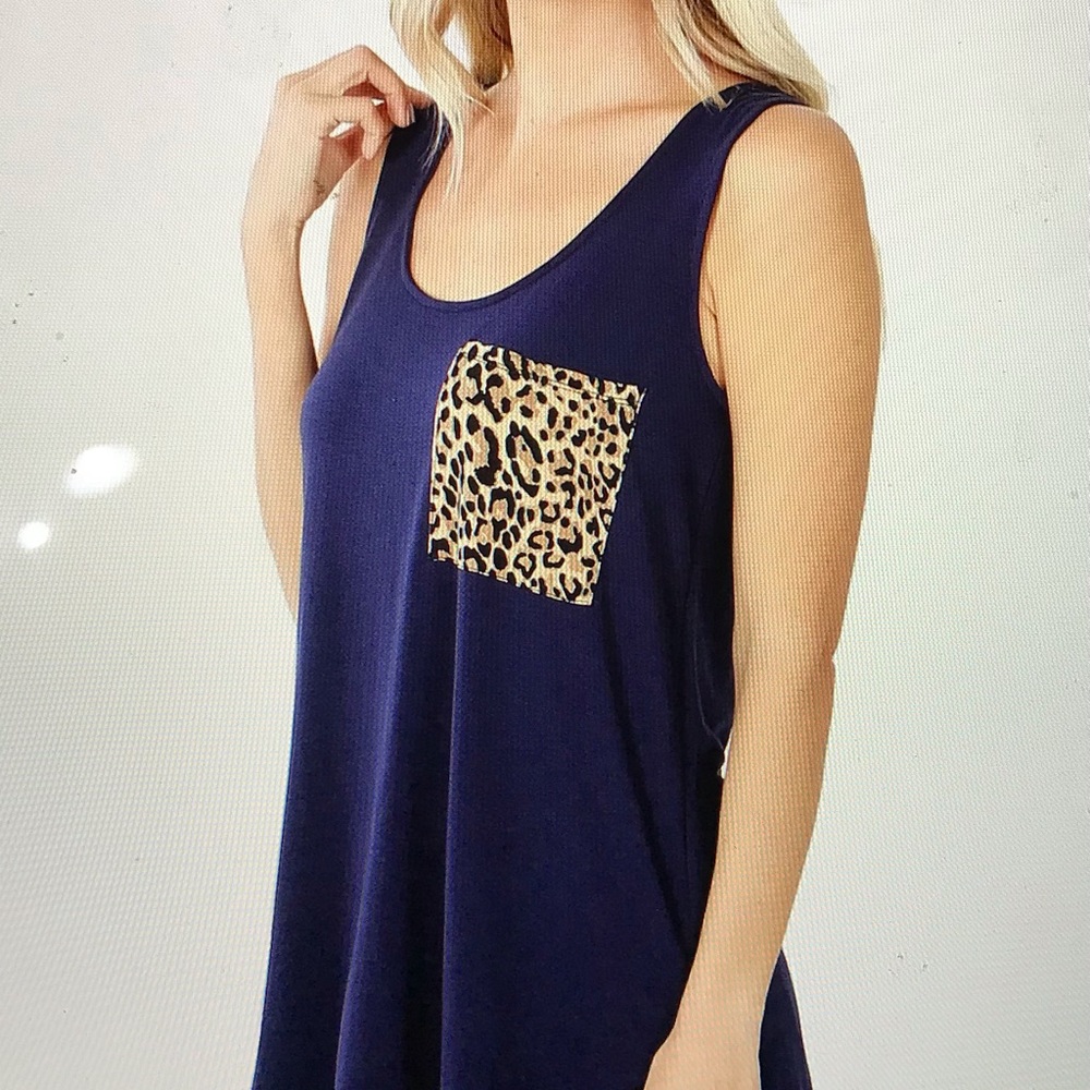 Navy Sz Large Leopard Pocket Scoop Neck Curved-Hem Tank by “Color Alien”